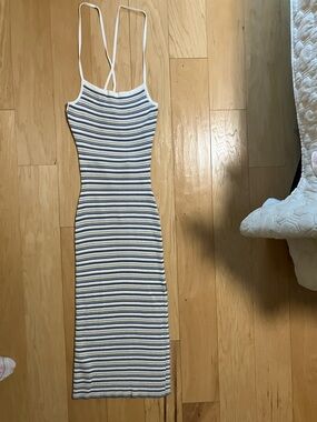 Abercrombie & Fitch White and Blue Striped Ribbed Maxi Dress